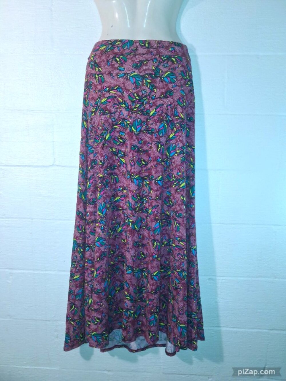 LuLaRoe Womens Maxi Skirt Purple Magenta Feather Leaf Pattern Long Stretch Small